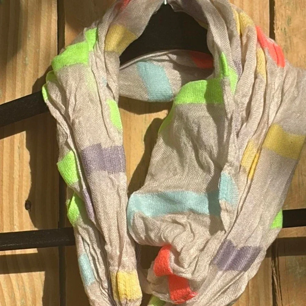 Multicolor Striped Summer Scarf Neon Gauze Crinkle Frayed Edge Wrap Beige Boho